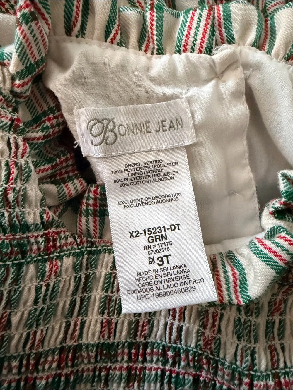Bonnie Jean Cream Dress with Red & Green Plaid Smocking